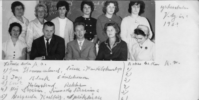 Yrkesskolan Vimmerby.  Främre raden från vänster  Gun Hammarlund, lärare i Handelskunskap,  Inge Blank civilekonom,  Evert Holmstrand rektor,  Maj Severin, sömnadslärarinna,  Margareta Karlberg, språklärare, Bakre raden från vänster  Birgitta Johansson/Karlsson,  Monica Paulsson/Blom, Anna-Klara.