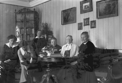 På besök hos Drangels på Herstorp ( Herrestorp )
Från vänster: 1 ? 2. Ingrid Forsell 3. Erika Forsell 4. Prostinnan Blidberg 5. Beda Forsell 6. Fru Drangel