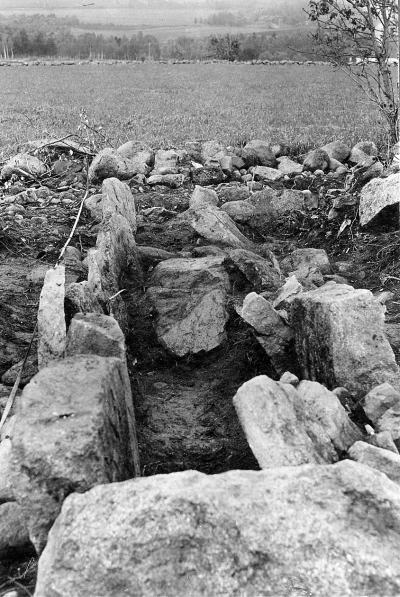 Forngravarne 
Hällkistan delvis utgrävd med en täckhäll i mitten av graven blottad, sedd från norr.
Den 11/6 1931