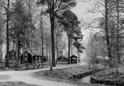 Huset med grästak - torpstugan Petersborg. Mellan tallarna linbastu från Barmshult. Till höger båtskjul uppfört som skydd för stockekor, tre hittades i Holmsjön Rumskulla den torra sommaren 1933, en vid Djurstorp och en vid Kvillehult. I en av båtarna fanns en paddelåra