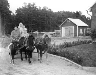 Ragnar Andersson Trekanten Vimmerby, kör ponnyn Barnen är barnbarn till Andersson. Pojken längst fram Mats son till Karl-Erik Andersson.     