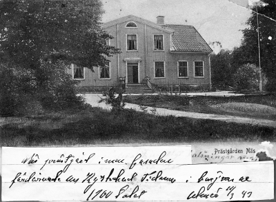 Näs prästgård innan fasaden fördärvades av Kyrkoherde Tidman i början av 1900-talet.       Almér 11/3 43            