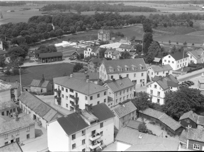 Vy från kyrktornet mot Park hotell, Bomans handelsträdgård Rosehill och kyrkogården (nästan som en flygbild). Norrtull i mitten